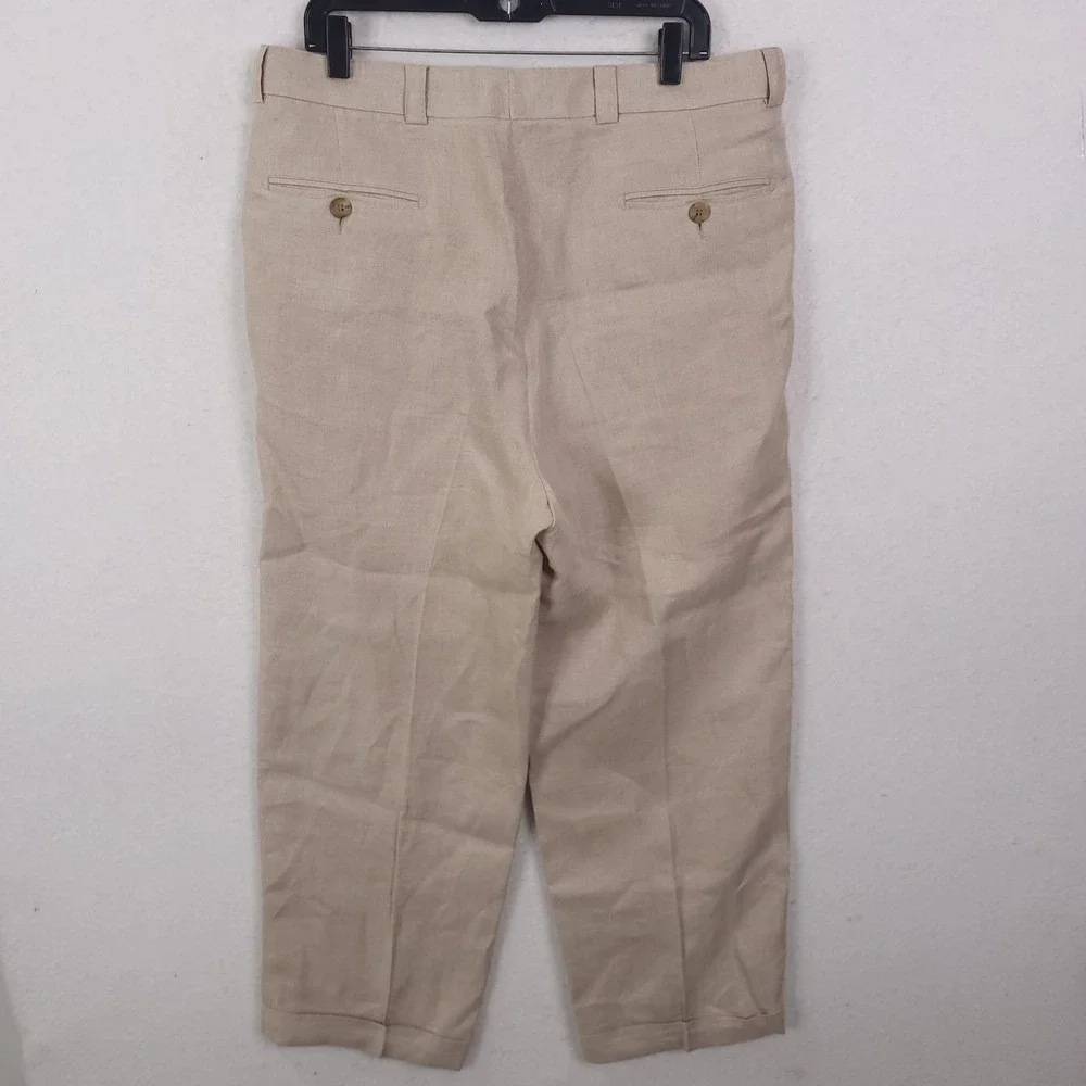 Ermenegildo Zegna Linen Trousers Mens 50 Beige Pleated Cuffed Italian Luxury